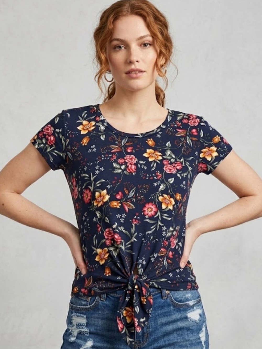 Polly Esther Navy Floral Print Tie-Front Short Sleeve Top Casual Tee medium